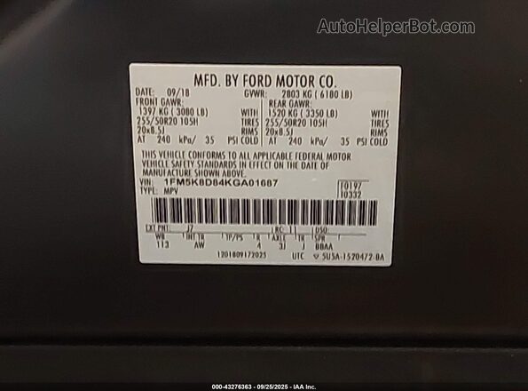 1FM5K8D84KGA01687 2019 FORD FORD EXPLORER Gray 