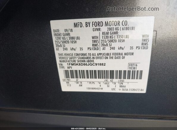 1FM5K8D86JGC91882 2018 FORD FORD EXPLORER Gray 