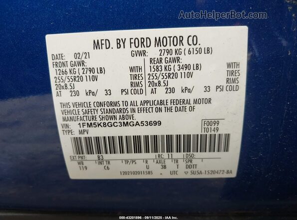 1FM5K8GC3MGA53699 2021 FORD FORD EXPLORER Синий Вид подкапотного пространства