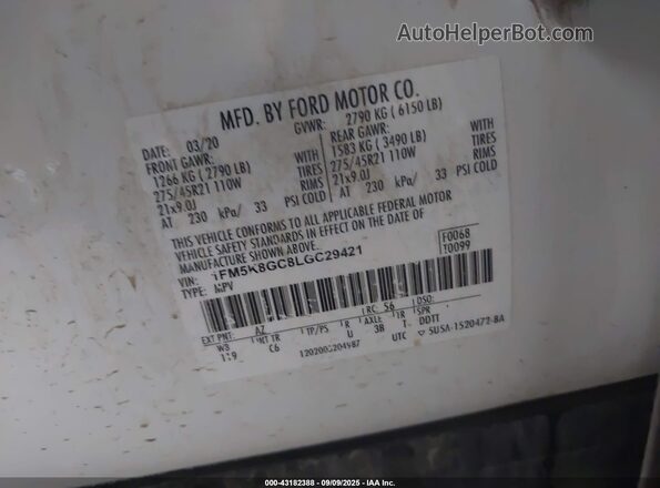 1FM5K8GC8LGC29421 2020 FORD FORD EXPLORER White ძრავის განყოფილების ხედი