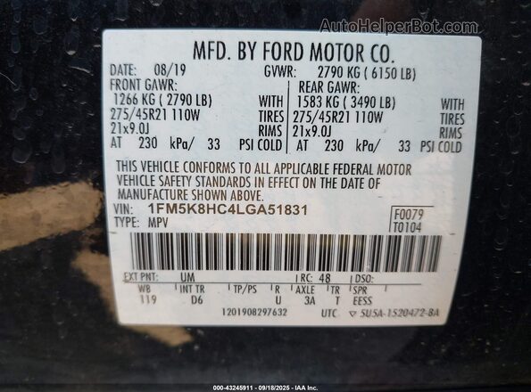 1FM5K8HC4LGA51831 2020 FORD FORD EXPLORER Black ძრავის განყოფილების ხედი