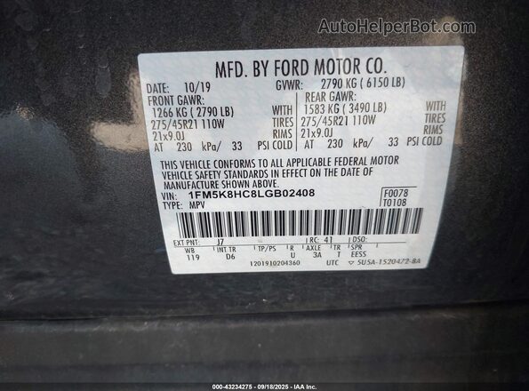 1FM5K8HC8LGB02408 2020 FORD FORD EXPLORER Gray Вид підкапотного простору