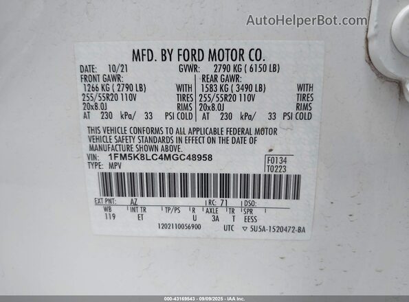 1FM5K8LC4MGC48958 2021 FORD FORD EXPLORER White Vista del compartimento del motor