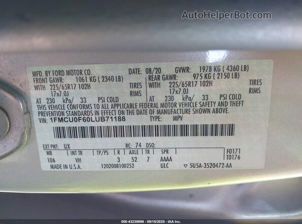 1FMCU0F60LUB71188 2020 FORD ESCAPE Silver Engine compartment view