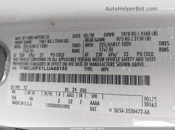 1FMCU0F61LUA69155 2020 FORD ESCAPE White Engine compartment view