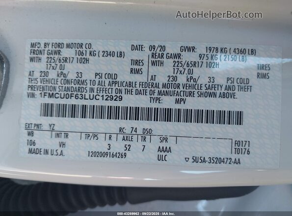 1FMCU0F63LUC12929 2020 FORD ESCAPE White Engine compartment view