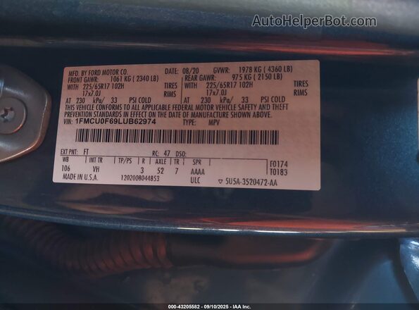 1FMCU0F69LUB62974 2020 FORD ESCAPE Синий Вид подкапотного пространства