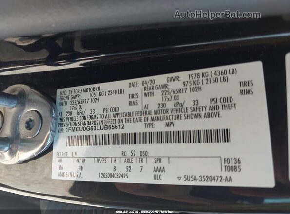 1FMCU0G63LUB65612 2020 FORD ESCAPE Black Engine compartment view