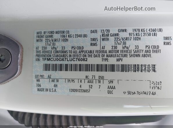 1FMCU0G67LUC76082 2020 FORD ESCAPE White Շարժիչի բաժամունքի տեսք