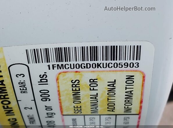 1FMCU0GD0KUC05903 2019 FORD ESCAPE White Widok komory silnika