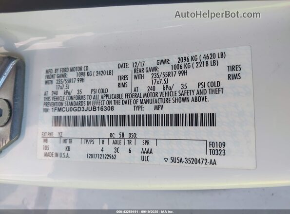 1FMCU0GD3JUB16308 2018 FORD ESCAPE White Vista del compartimento del motor