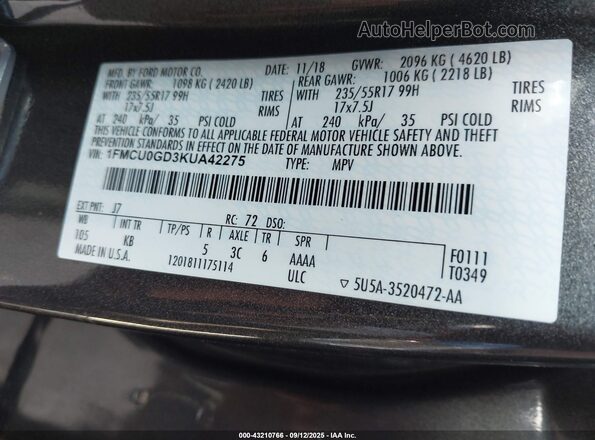 1FMCU0GD3KUA42275 2019 FORD ESCAPE Gray Engine compartment view