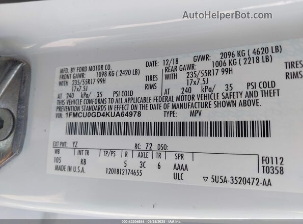 1FMCU0GD4KUA64978 2019 FORD ESCAPE White Engine compartment view