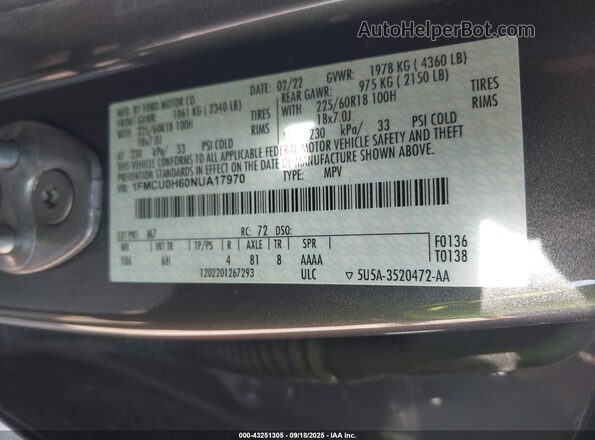 1FMCU0H60NUA17970 2022 FORD ESCAPE Серый Вид подкапотного пространства