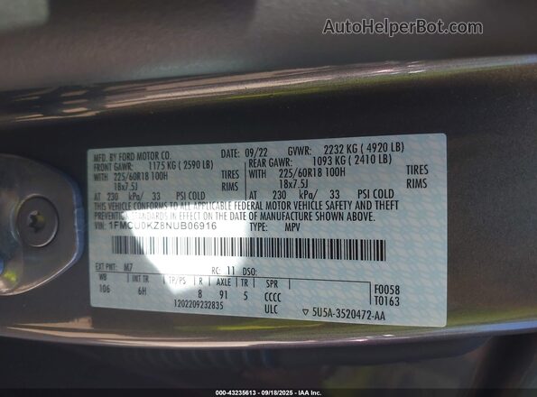 1FMCU0KZ8NUB06916 2022 FORD ESCAPE Серый Вид подкапотного пространства