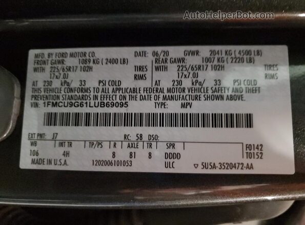 1FMCU9G61LUB69095 2020 FORD ESCAPE Gray VIN կոդի պիտակի տեսք