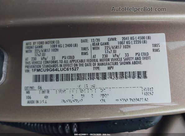 1FMCU9G64LUC61527 2020 FORD ESCAPE Tan Engine compartment view