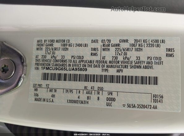 1FMCU9G65LUA95809 2020 FORD ESCAPE White Շարժիչի բաժամունքի տեսք