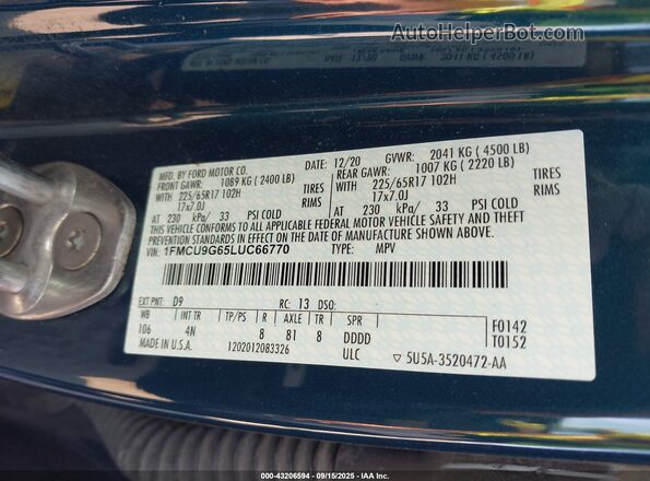 1FMCU9G65LUC66770 2020 FORD ESCAPE Blue ძრავის განყოფილების ხედი