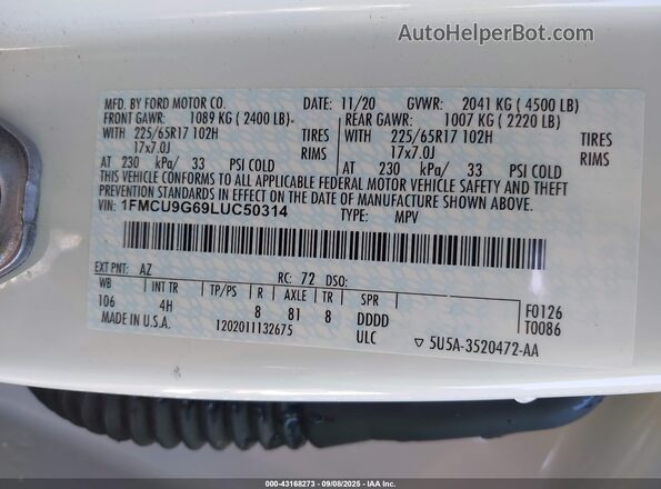 1FMCU9G69LUC50314 2020 FORD ESCAPE White Շարժիչի բաժամունքի տեսք