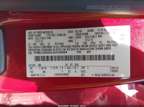 1FMCU9GD2JUC02004 2018 FORD ESCAPE Красный 