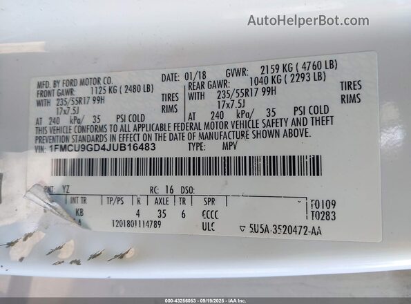 1FMCU9GD4JUB16483 2018 FORD ESCAPE Белый Вид подкапотного пространства