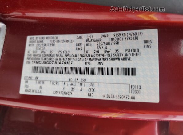 1FMCU9GD7JUA70387 2018 FORD ESCAPE Burgundy 