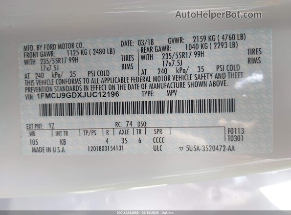 1FMCU9GDXJUC12196 2018 FORD ESCAPE White 