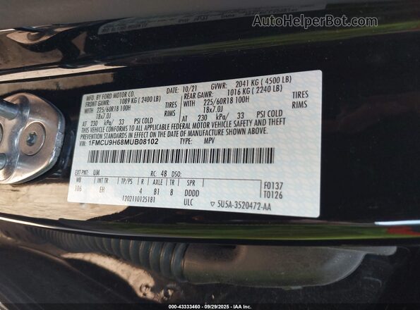 1FMCU9H68MUB08102 2021 FORD ESCAPE Black Widok komory silnika