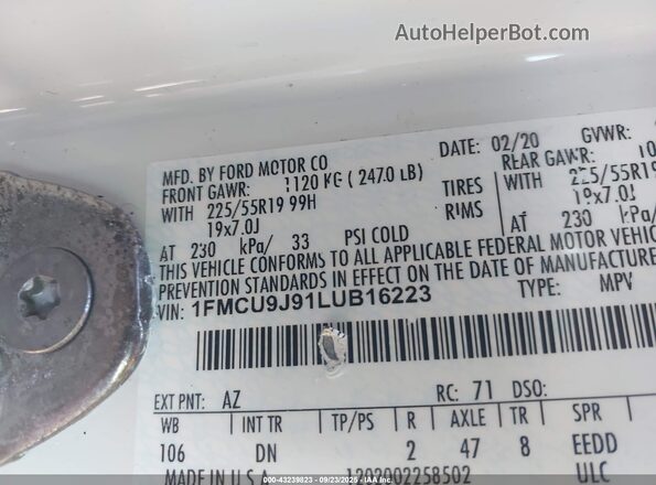 1FMCU9J91LUB16223 2020 FORD ESCAPE White Engine compartment view
