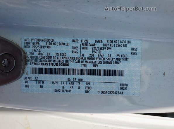 1FMCU9J91NUB93886 2022 FORD ESCAPE White Vista interior de 360 grados