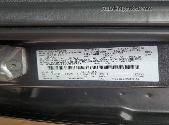 1FMCU9J96JUD59751 2018 FORD ESCAPE Gray 