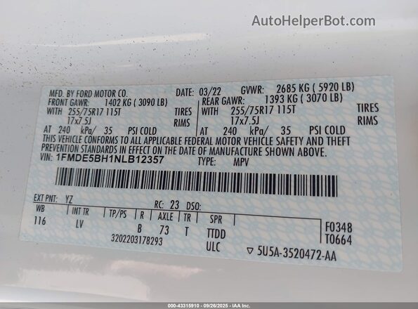 1FMDE5BH1NLB12357 2022 FORD BRONCO Белый Вид подкапотного пространства