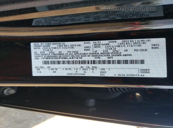1FMEE5DP8MLA87416 2021 FORD BRONCO Черный 