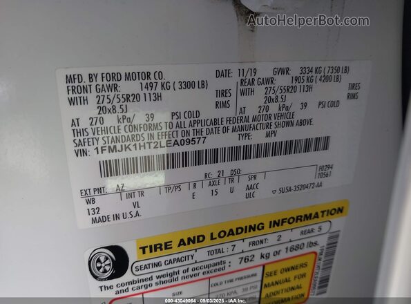 1FMJK1HT2LEA09577 2020 FORD EXPEDITION White Widok komory silnika