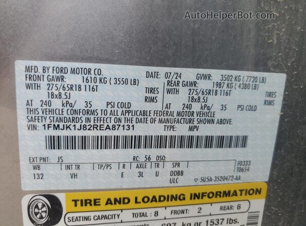 1FMJK1J82REA87131 2024 FORD EXPEDITION Silver Widok naklejki z numerem VIN