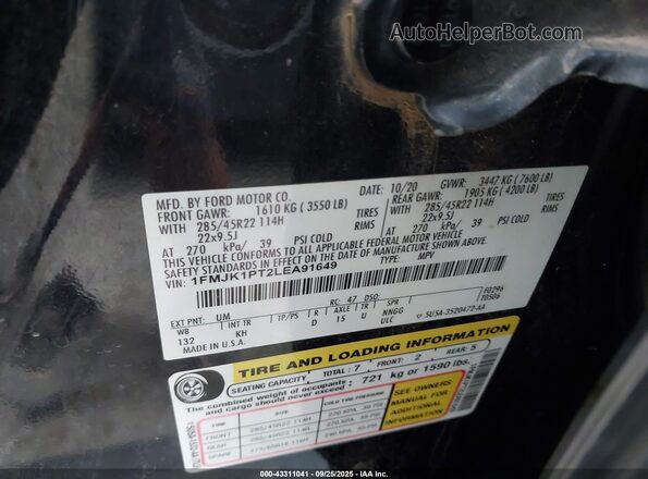 1FMJK1PT2LEA91649 2020 FORD EXPEDITION Black ძრავის განყოფილების ხედი