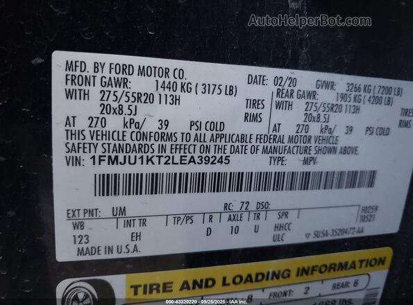 1FMJU1KT2LEA39245 2020 FORD EXPEDITION Black Вид підкапотного простору