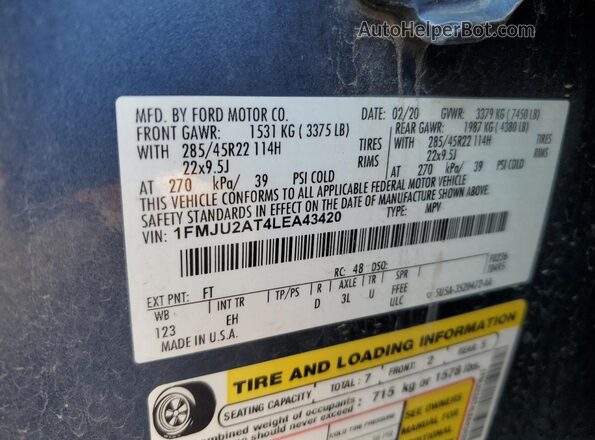 1FMJU2AT4LEA43420 2020 FORD EXPEDITION Blue VIN կոդի պիտակի տեսք