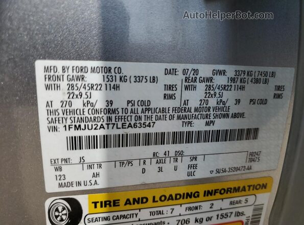 1FMJU2AT7LEA63547 2020 FORD EXPEDITION Silver Панорамний вид салону 360°