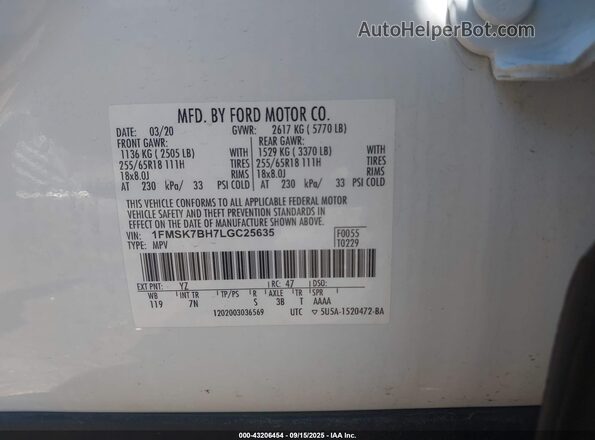 1FMSK7BH7LGC25635 2020 FORD FORD EXPLORER White Вид підкапотного простору
