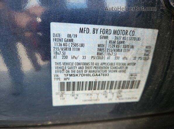 1FMSK7DH0LGA47693 2020 FORD FORD EXPLORER Blue VIN կոդի պիտակի տեսք