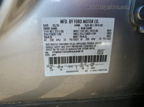1FMSK7DH0RGA54815 2024 FORD FORD EXPLORER Silver VIN sticker view