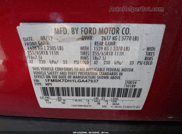 1FMSK7DH1LGA47637 2020 FORD FORD EXPLORER Red Вид підкапотного простору