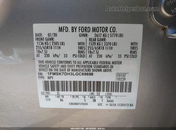 1FMSK7DH3LGC89698 2020 FORD FORD EXPLORER Silver ძრავის განყოფილების ხედი
