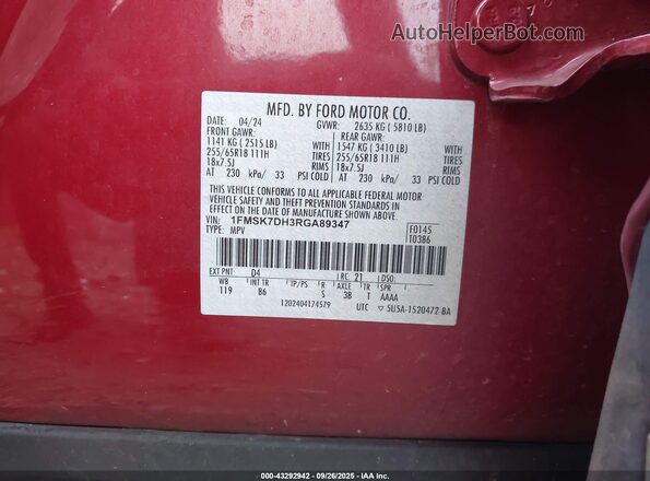 1FMSK7DH3RGA89347 2024 FORD FORD EXPLORER Red Вид підкапотного простору