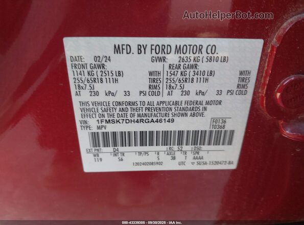 1FMSK7DH4RGA46149 2024 FORD FORD EXPLORER Red Շարժիչի բաժամունքի տեսք