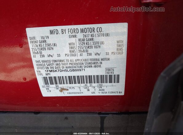 1FMSK7DH5LGB00971 2020 FORD FORD EXPLORER Red Շարժիչի բաժամունքի տեսք