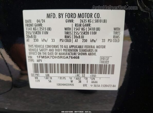 1FMSK7DH5RGA76468 2024 FORD FORD EXPLORER Black ძრავის განყოფილების ხედი
