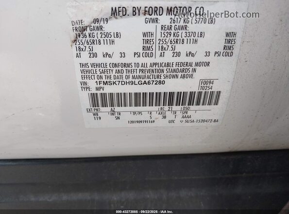 1FMSK7DH9LGA67280 2020 FORD FORD EXPLORER White Vista del compartimento del motor
